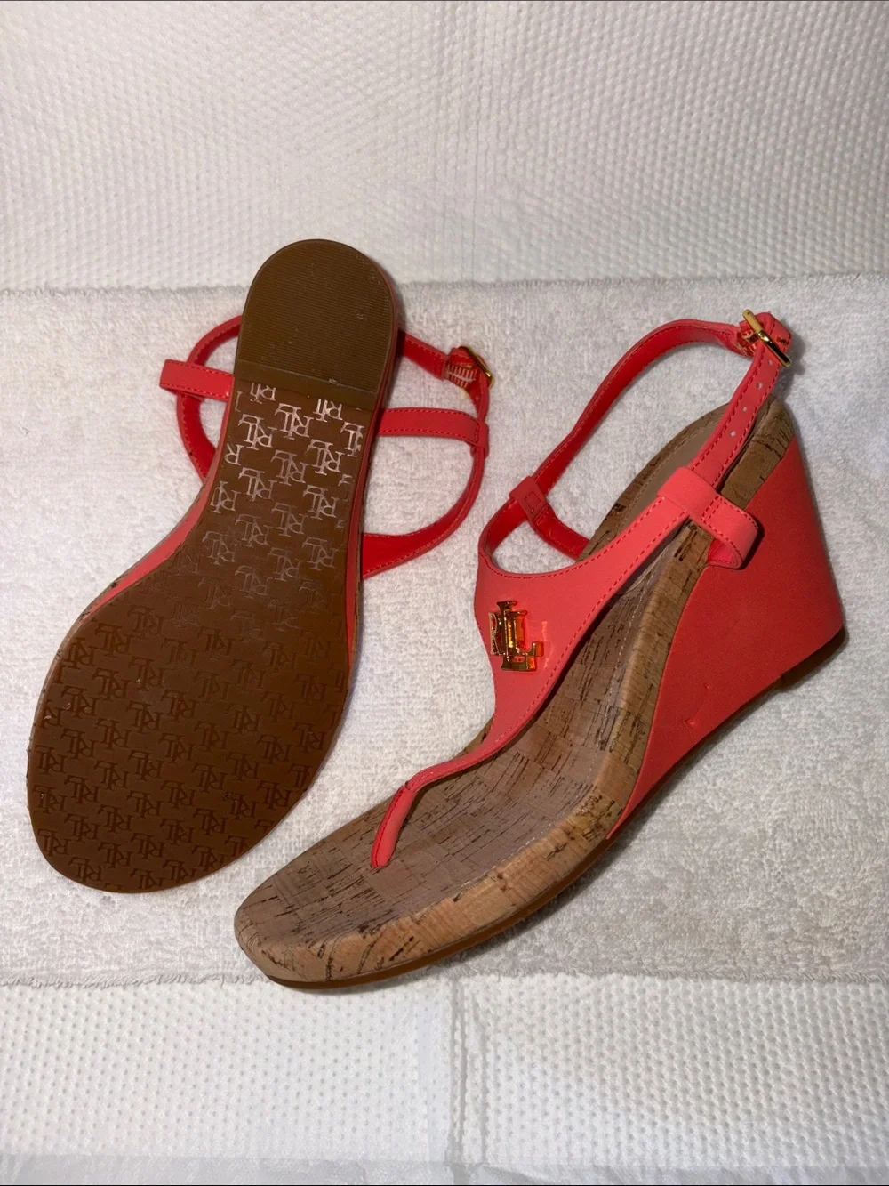 Lauren Ralph Coral Thong Wedge Sandals with Gold RL Emblem